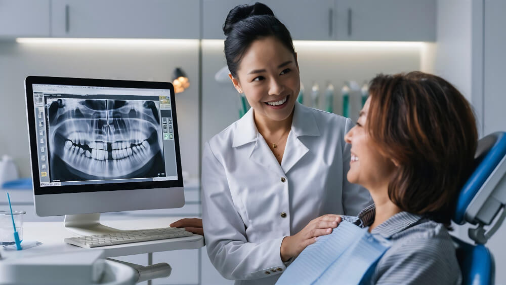 Patient consulting with dentist over 3D dental implant scan in North Sydney